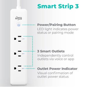 KMC 3-Outlet Smart Plug Power Strip, Surge Protector for Smart Home, Remote Control Lights and Devices, No Hub Required, ETL Certified, Compatible with Alexa and Google Home, 4ft Extension Cord, White