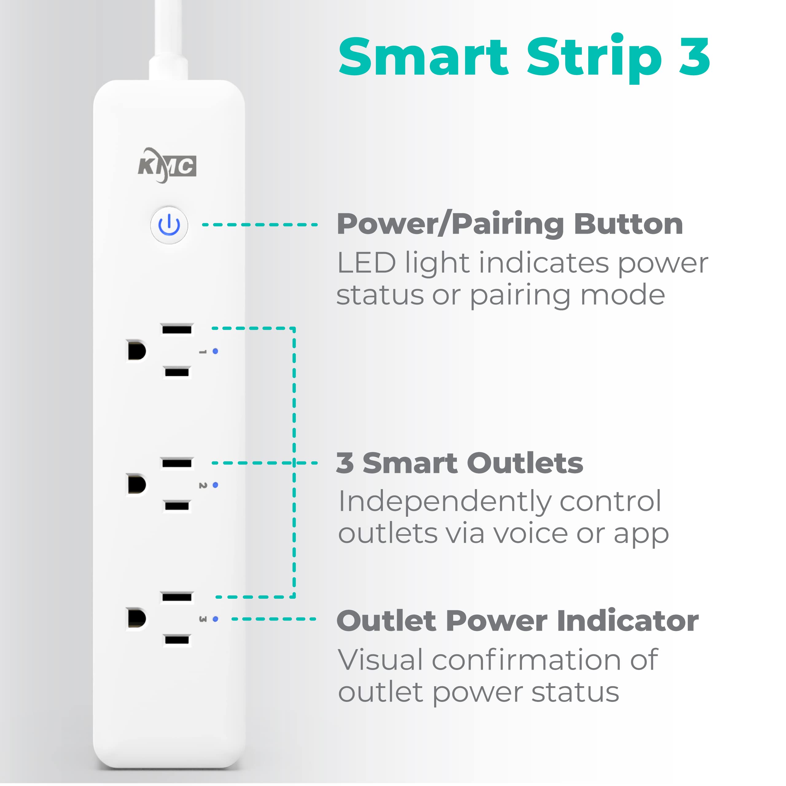 KMC 3-Outlet Smart Plug Power Strip, Surge Protector for Smart Home, Remote Control Lights and Devices, No Hub Required, ETL Certified, Compatible with Alexa and Google Home, 4ft Extension Cord, White