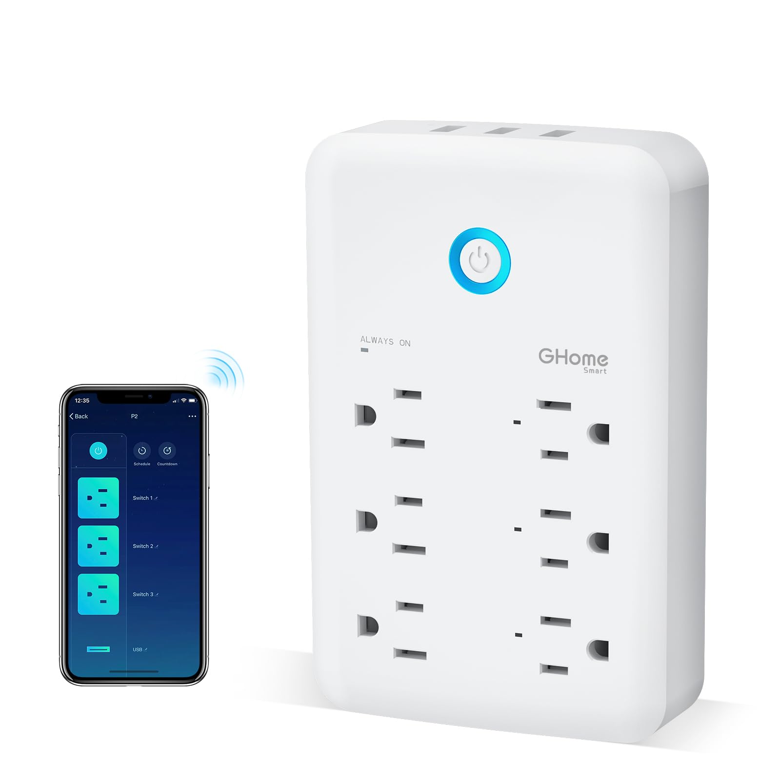 GHome Smart Plug Outlet Extender, USB Wall Charger with 3 Individual Smart Outlets and 3 Smart USB Ports, Works with Alexa Google Home, Surge Protector Plug Extender for APP Control,15A/1800W