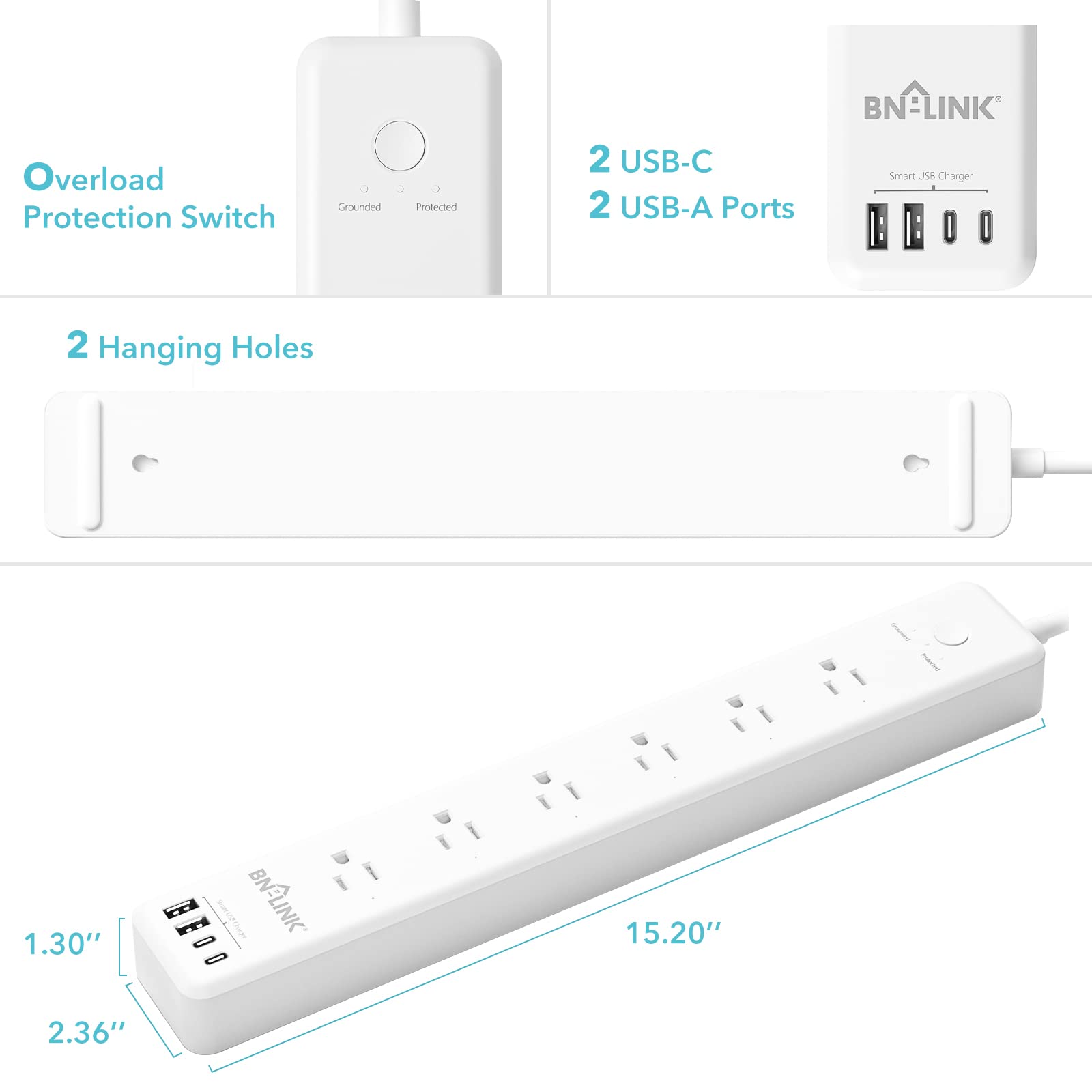 BN LINK Smart Plug Power Strip，Surge Protector with 6 Individually Controlled Smart Outlets, 4 USBs (incl. 20W USB-C), Compatible with Alexa and Google Home