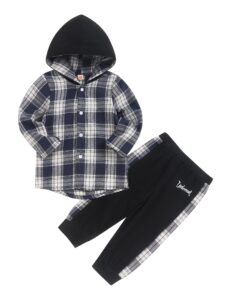 fuermos toddler baby boys clothes flannel lattice button down hooded tops +pants boys fall winter outfits(5-6t)