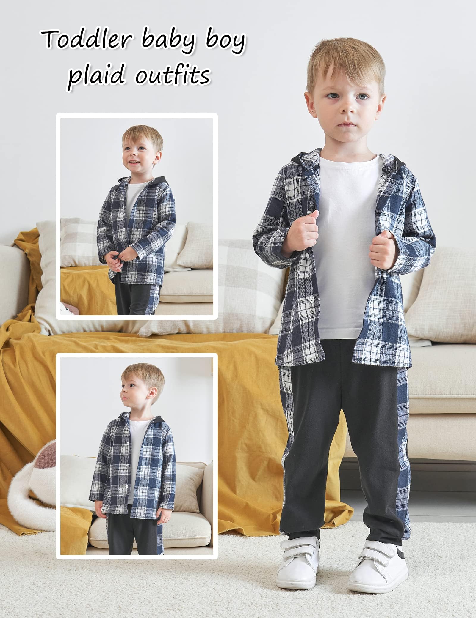 Fuermos Toddler Baby Boys Clothes Flannel Lattice Button Down Hooded Tops +Pants Boys Fall Winter Outfits(5-6T)