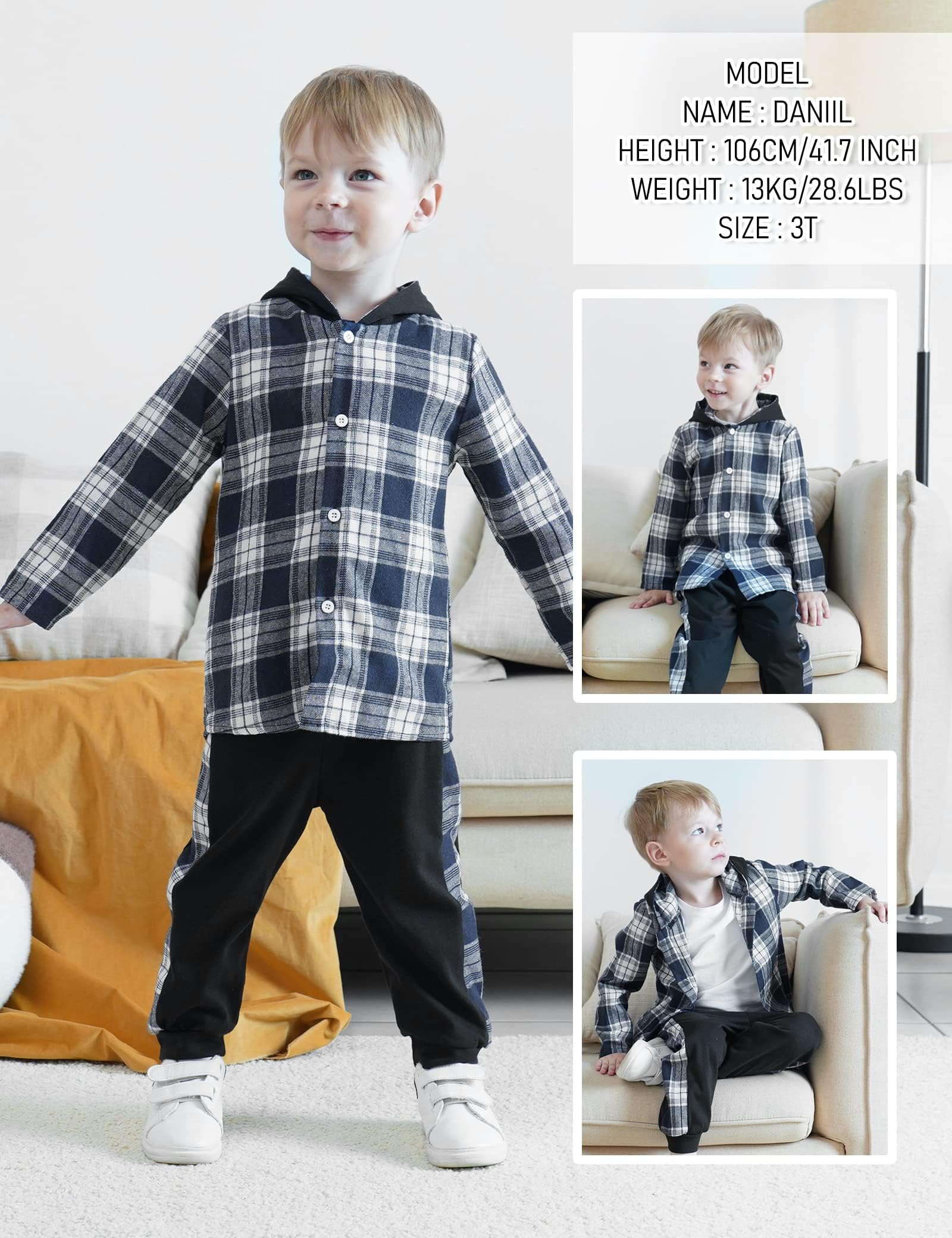 Fuermos Toddler Baby Boys Clothes Flannel Lattice Button Down Hooded Tops +Pants Boys Fall Winter Outfits(5-6T)