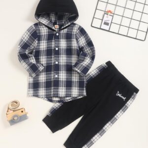 Fuermos Toddler Baby Boys Clothes Flannel Lattice Button Down Hooded Tops +Pants Boys Fall Winter Outfits(5-6T)