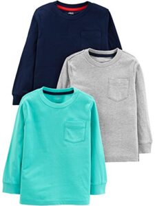 simple joys by carter's boys' toddler 3-pack long sleeve shirts, aqua green/grey/navy, 3t