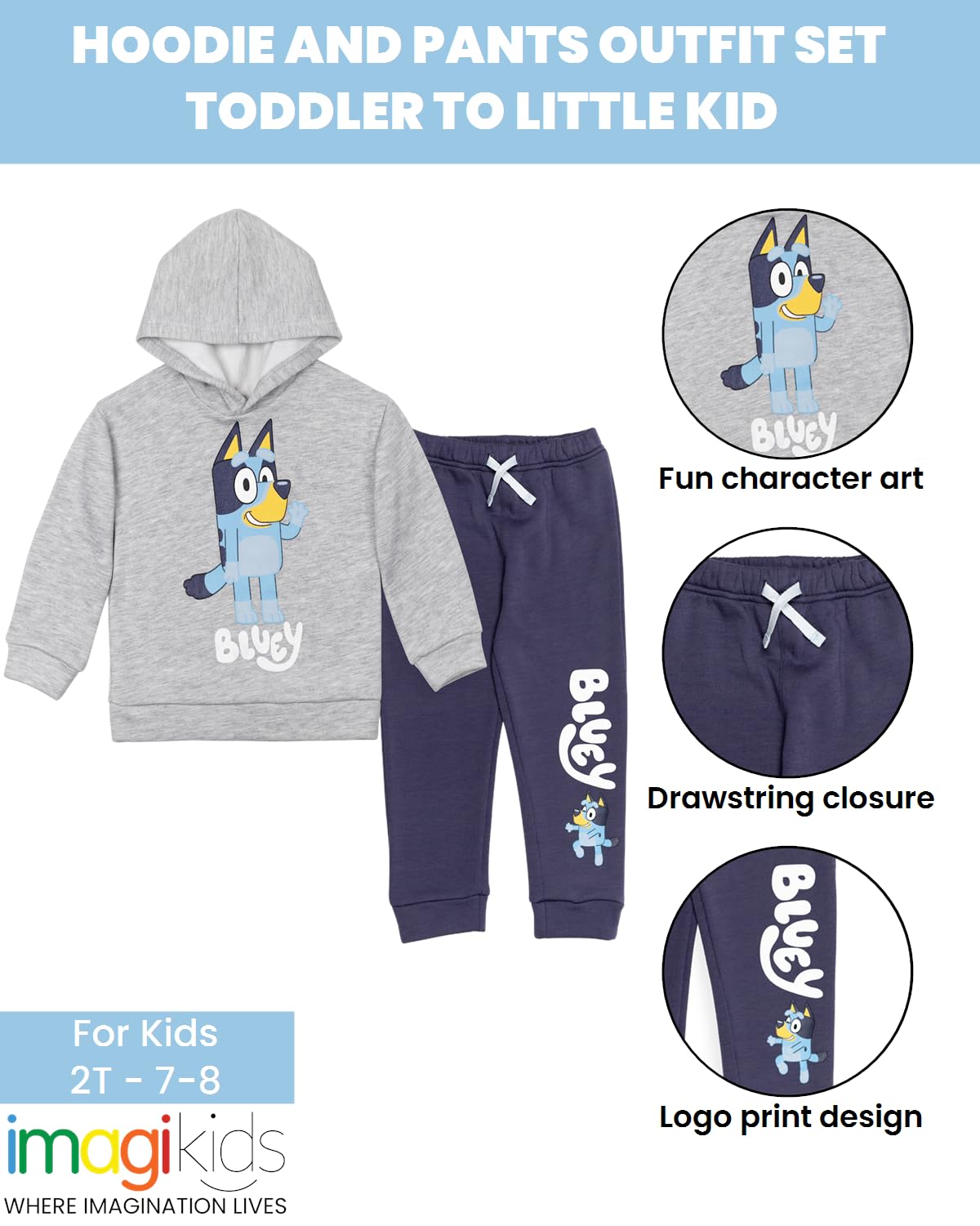 Bluey Toddler Boys Fleece Hoodie and Pants Outfit Set Grey/Blue 2T