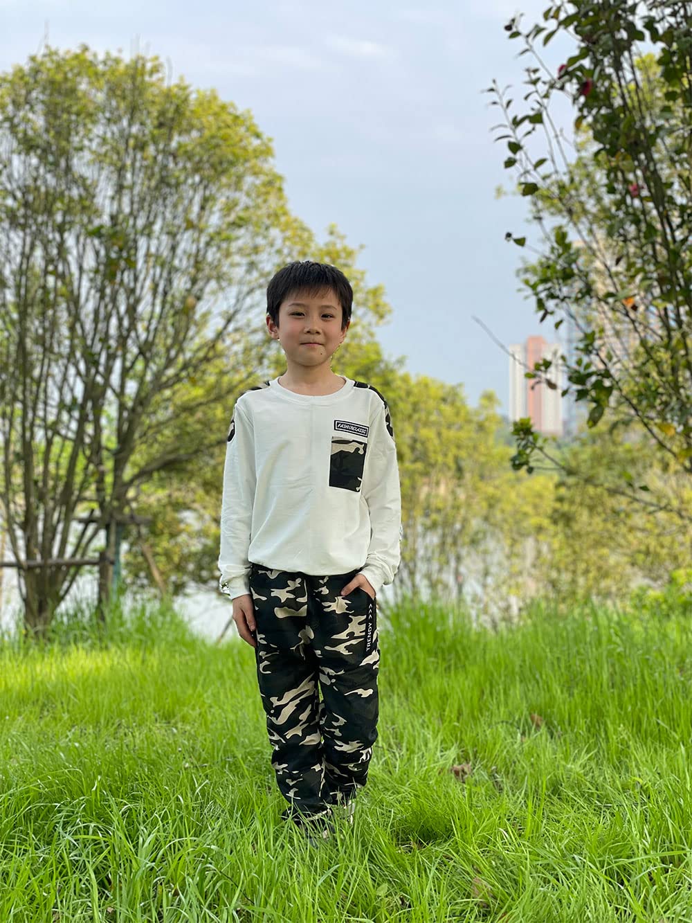 lontakids Boys Camouflage Outfit Teen Long Sleeve T-Shirt + Trousers Clothes Set (4/5, White)