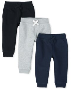 the children's place baby toddler boys active fleece jogger pants, black/smoke gray/new navy 3 pack, 3t