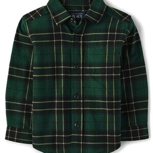 The Children's Place Baby Boys' and Toddler Long Sleeve Flannel Button Up Shirt, Green Plaid, 3T