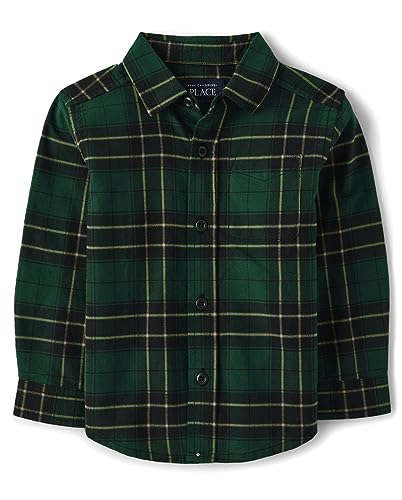 The Children's Place Baby Boys' and Toddler Long Sleeve Flannel Button Up Shirt, Green Plaid, 3T