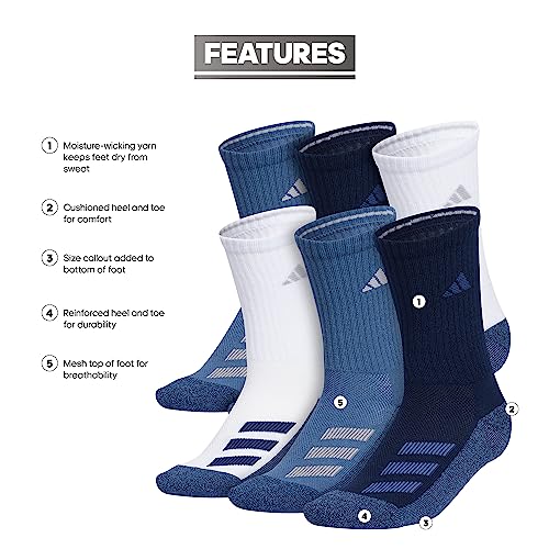 adidas Kids-Boy's/Girl's Cushioned Angle Stripe Crew Socks (6-Pair), White/Collegiate Navy/Wonder Steel Blue, Large