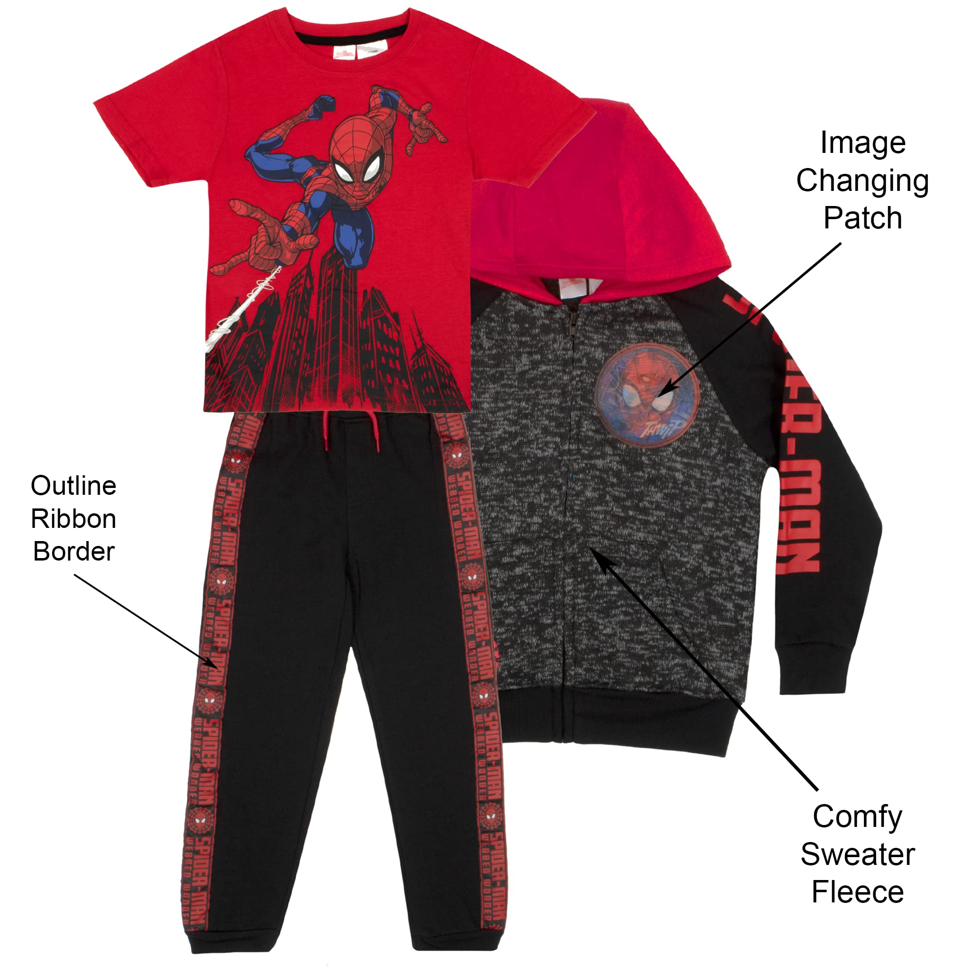 Marvel Spiderman Boys 3 Piece Fleece Pants Set, Spider-Man Zip-Up Hoodie, T-Shirt, and Pants 3-Pack Bundle Set (Black/Grey/Red, Size 3T)