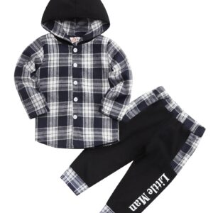 Axumity Toddler Boy Clothes Hoodie Sweatsuit Outfits Kids Flannel Plaid Shirt Top Colorblock Pants Set for Fall Winter Spring(3-4t)