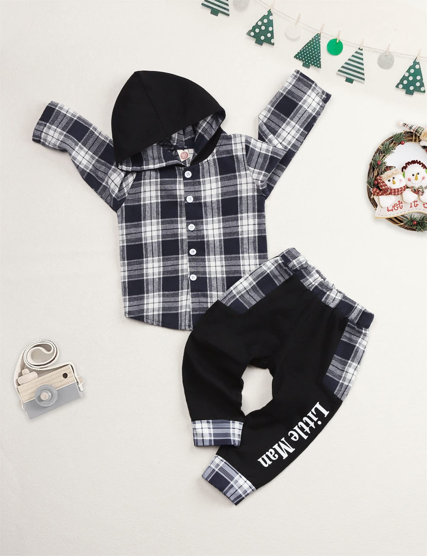 Axumity Toddler Boy Clothes Hoodie Sweatsuit Outfits Kids Flannel Plaid Shirt Top Colorblock Pants Set for Fall Winter Spring(3-4t)