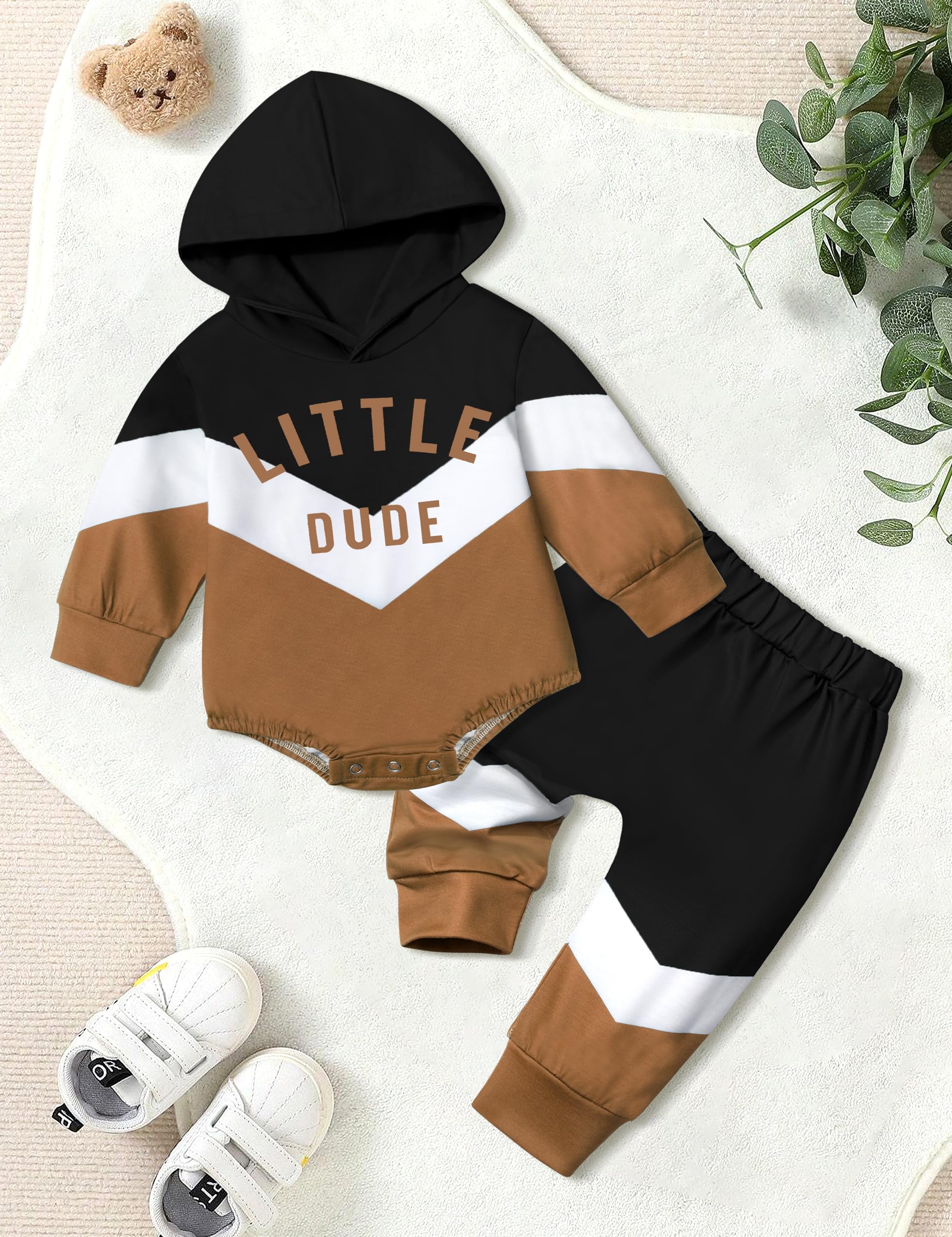 AGAPENG Baby Boy Clothes 3-6 Months Color Block Hoodie Sweatsuit Oversized Sweatshirt Onesie Romper Long Pants Fall Baby Boy Clothes Baby Boy Winter Clothes Thanksgiving Outfit Brown