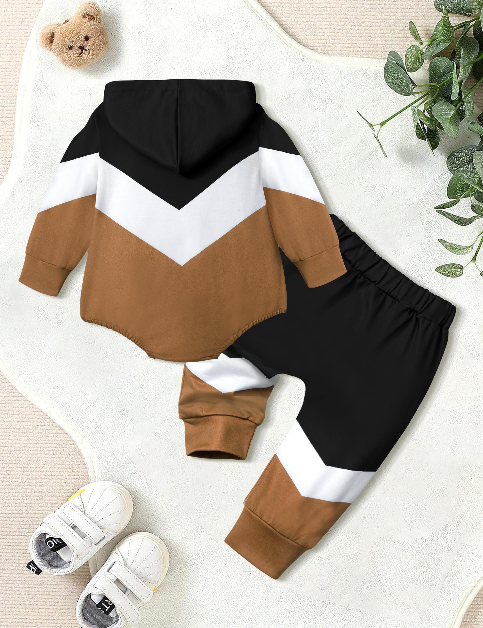 AGAPENG Baby Boy Clothes 3-6 Months Color Block Hoodie Sweatsuit Oversized Sweatshirt Onesie Romper Long Pants Fall Baby Boy Clothes Baby Boy Winter Clothes Thanksgiving Outfit Brown