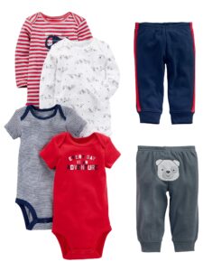 simple joys by carter's baby boys' 6-piece bodysuits (short and long sleeve) and pants set, multicolor/bear/dogs/stripe/text print, 24 months