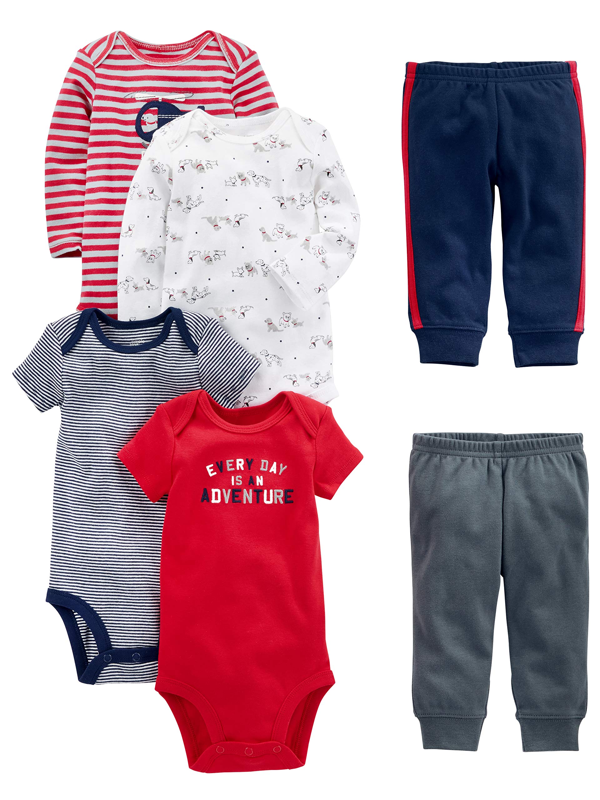 Simple Joys by Carter's Baby Boys' 6-Piece Bodysuits (Short and Long Sleeve) and Pants Set, Multicolor/Bear/Dogs/Stripe/Text Print, 24 Months