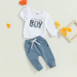 Toddler Baby Boy Clothes Mamas Boy Fall Winter Outfit Long Sleeve Letter Sweatshirt Plaid Jogger Pants Newborn Set (Mamas Boy White, 12-18 Months)