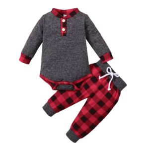 Baby Boy Clothes 6-9 Months Toddler Infant Boys Girls Outfit Long Sleeve Plaid Tops + Pants Outfit Set 2Pcs,Red Plaid Clothes 6-12 months/90cm