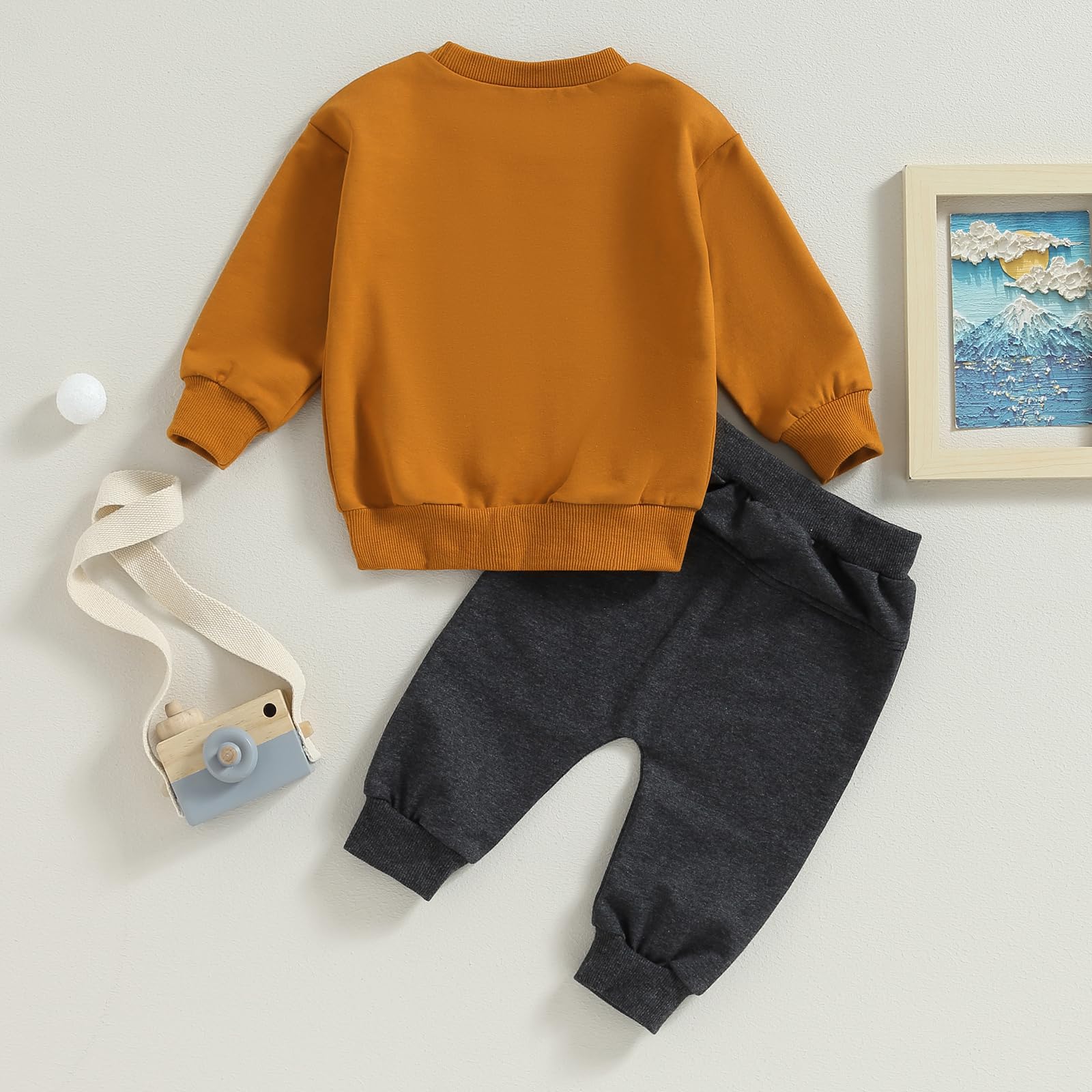 Frietlebird Toddler Baby Boy Clothes Crewneck Sweatshirt Long Sleeve Letter Print Shirt with Elastic Waist Pants Set Fall Winter Outfits(LA-Brown Mr Steal Your Snacks,12-18 Months)