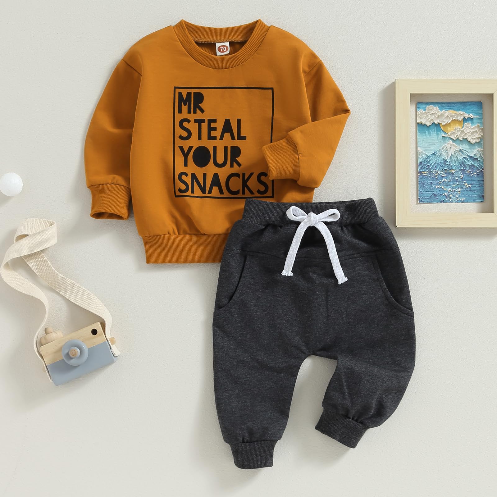 Frietlebird Toddler Baby Boy Clothes Crewneck Sweatshirt Long Sleeve Letter Print Shirt with Elastic Waist Pants Set Fall Winter Outfits(LA-Brown Mr Steal Your Snacks,12-18 Months)