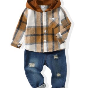 Renotemy Toddler Boy Outfits 2T Winter Outfits Size 3T Warm Little boy Clothes 2yr Old Fall Flannel Plaid Hooded Sweatsuit Denim Pants Sets Fall Baby Jeans Clothing 2T Boy Clothes 3T