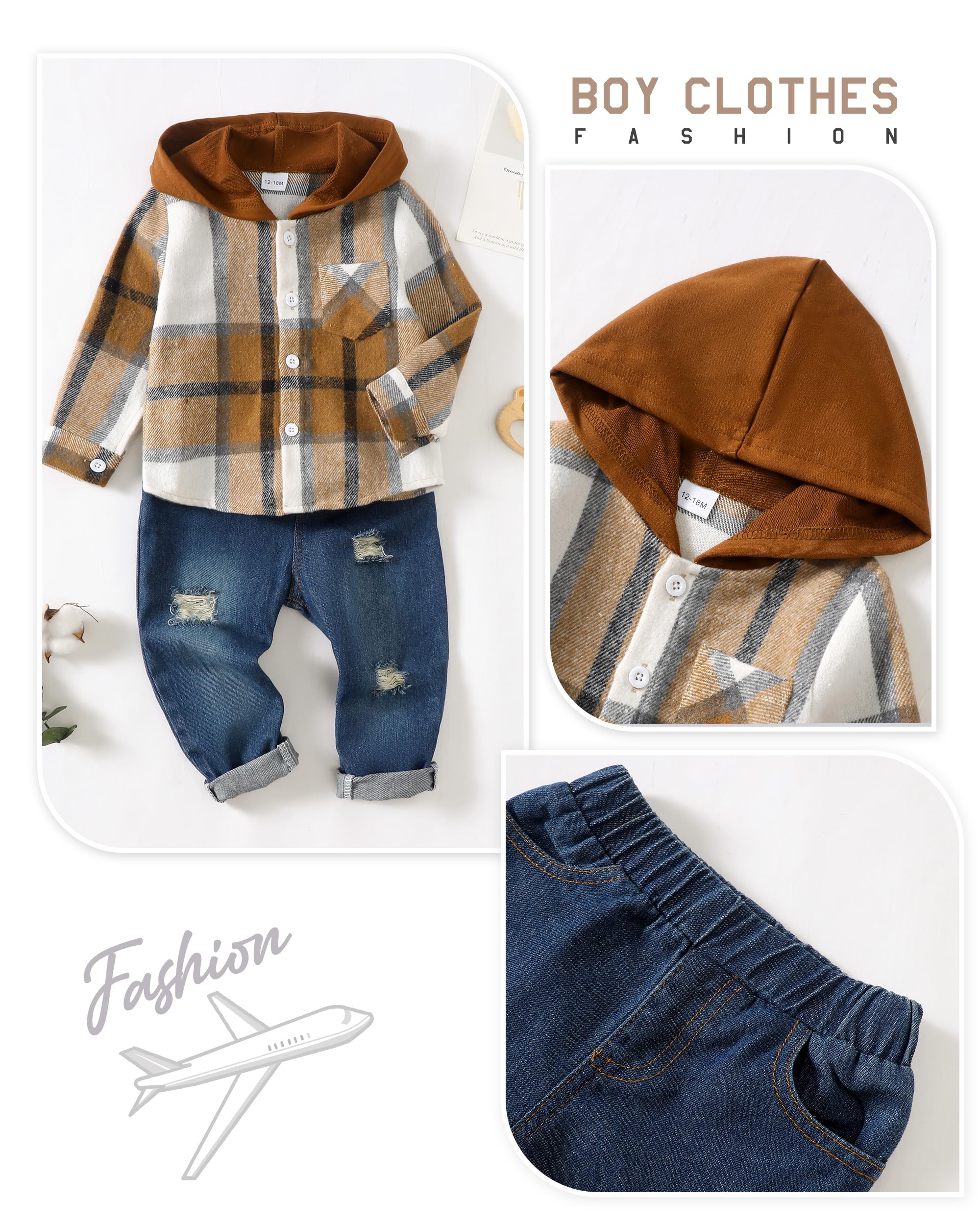 Renotemy Toddler Boy Outfits 2T Winter Outfits Size 3T Warm Little boy Clothes 2yr Old Fall Flannel Plaid Hooded Sweatsuit Denim Pants Sets Fall Baby Jeans Clothing 2T Boy Clothes 3T