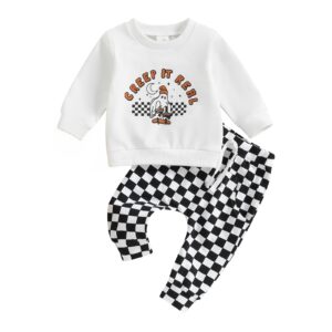 toddler baby boy halloween outfit ghost print sweatshirt tops checkerboard pants set cute infant newborn fall clothes (white, 12-18 months)