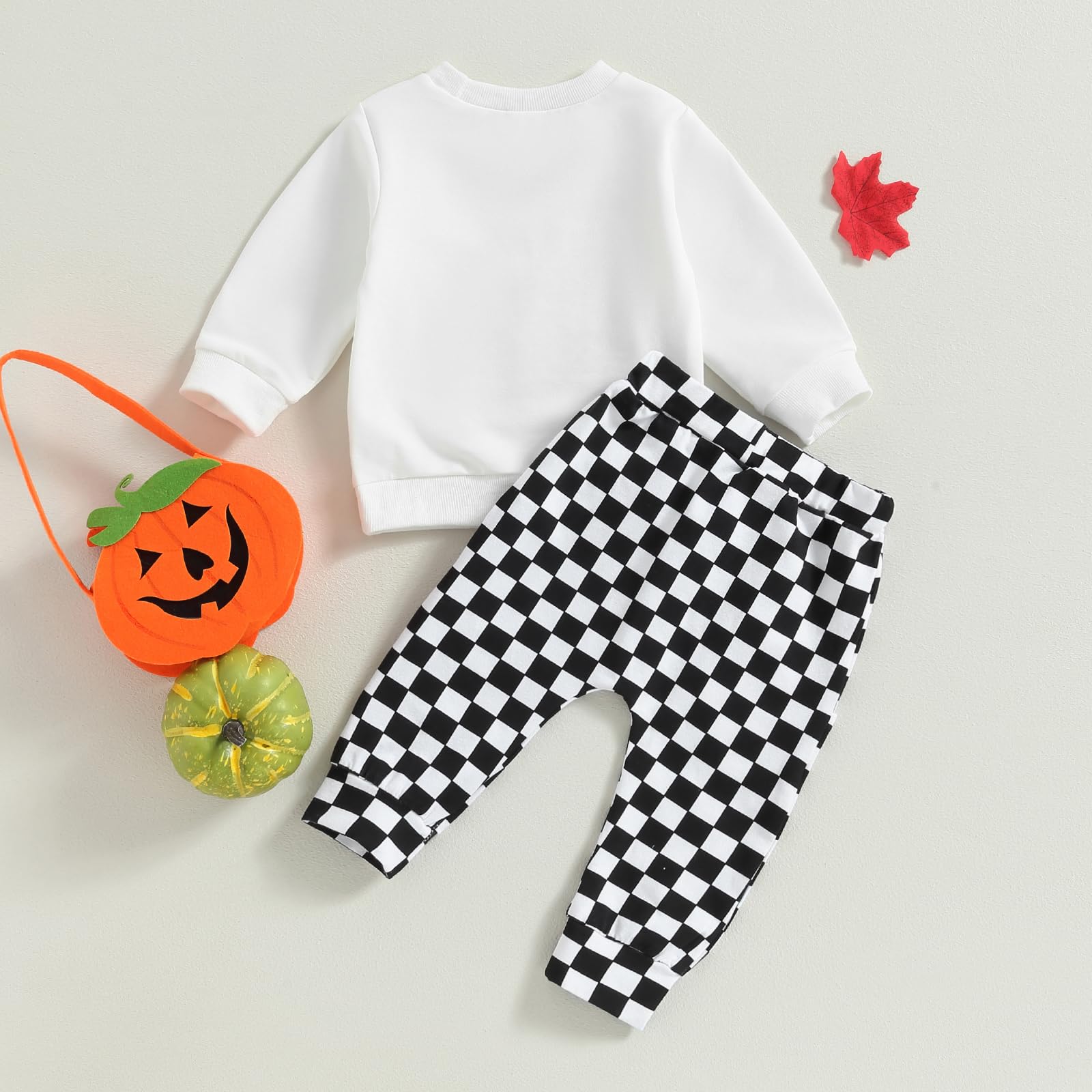 Toddler Baby Boy Halloween Outfit Ghost Print Sweatshirt Tops Checkerboard Pants Set Cute Infant Newborn Fall Clothes (White, 12-18 Months)