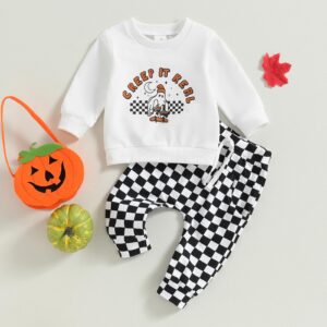 Toddler Baby Boy Halloween Outfit Ghost Print Sweatshirt Tops Checkerboard Pants Set Cute Infant Newborn Fall Clothes (White, 12-18 Months)