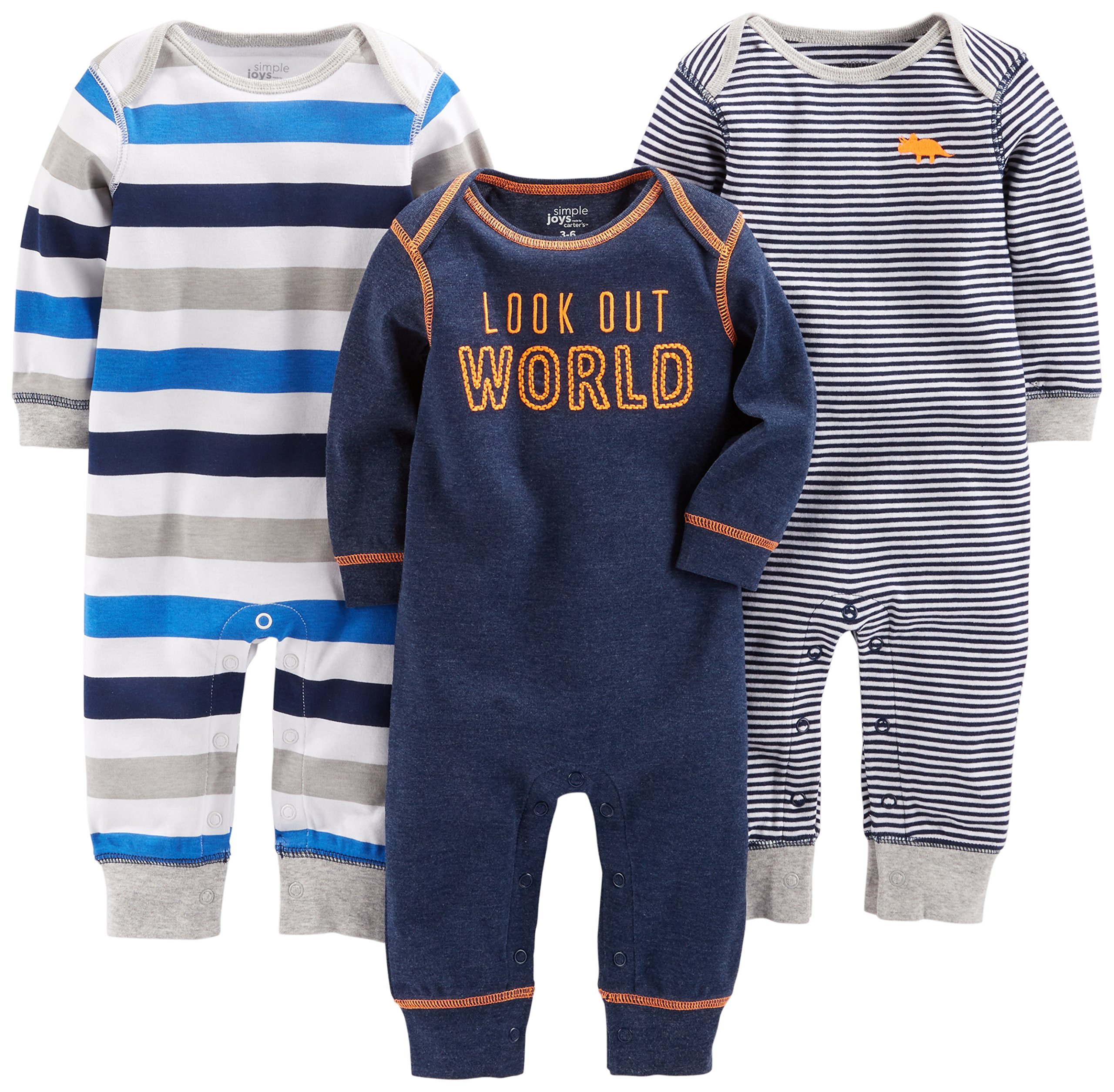 Simple Joys by Carter's Baby 3-pack Jumpsuits, grey, multi stripe, navy stripe, 12 Month