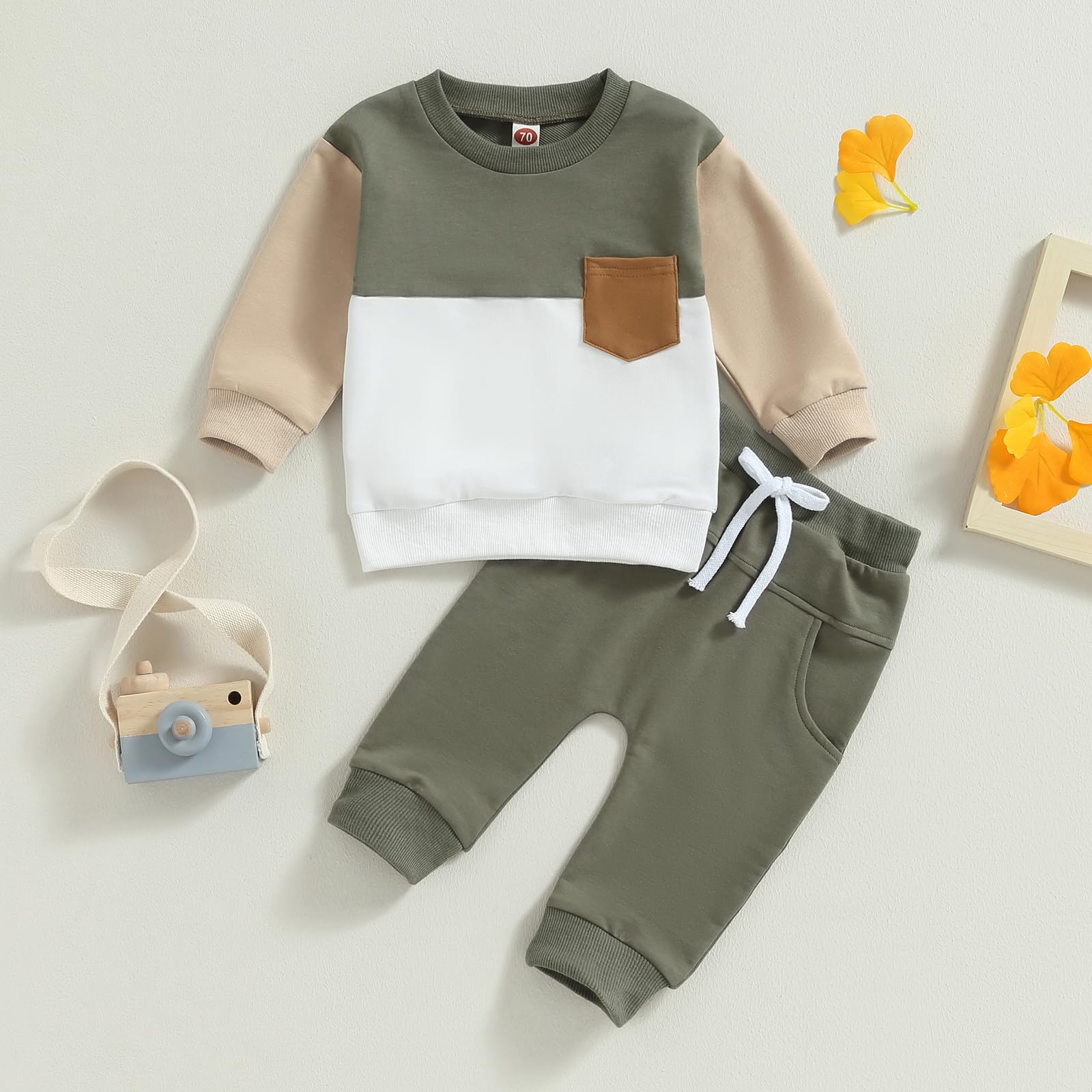 Rarjuiey Toddler Baby Boy Clothes Color Block Pullover Sweatshirt Top Elastic Waist Pockets Joggers Pants 2Pcs Fall Outfit (Army Green,0-6 Months)