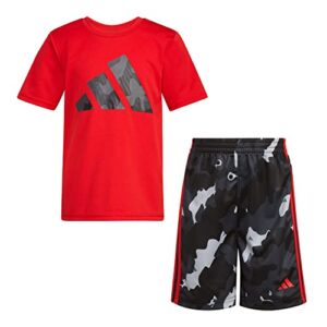 adidas boys' short sleeve poly tee & camo all over print short set, better scarlet, 7