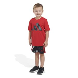 adidas Boys' Short Sleeve Poly Tee & Camo All Over Print Short Set, Better Scarlet, 7