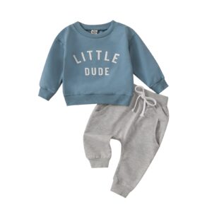 Newborn Baby Boy Fall Clothes Long Sleeve Round Neck Letter Print Sweatshirt Top Long Pants Cute Toddler Winter Outfits (Blue, 6-12 Months)