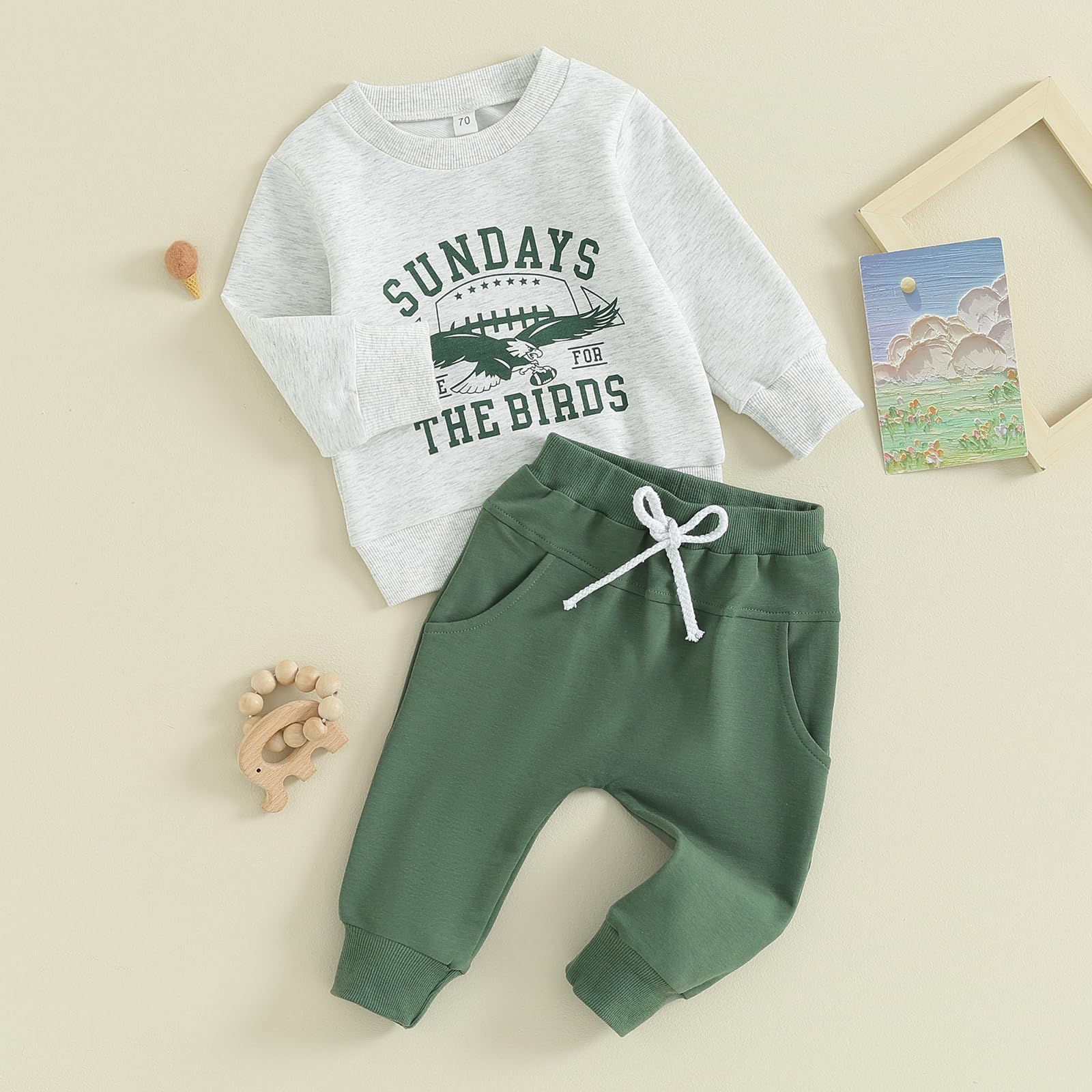 Dewadbow Toddler Baby Football Outfits Sundays are for The Birds Eagles Sweatshirt Top Pants Set Cute Fall Clothes (Gray, 12-18 Months)