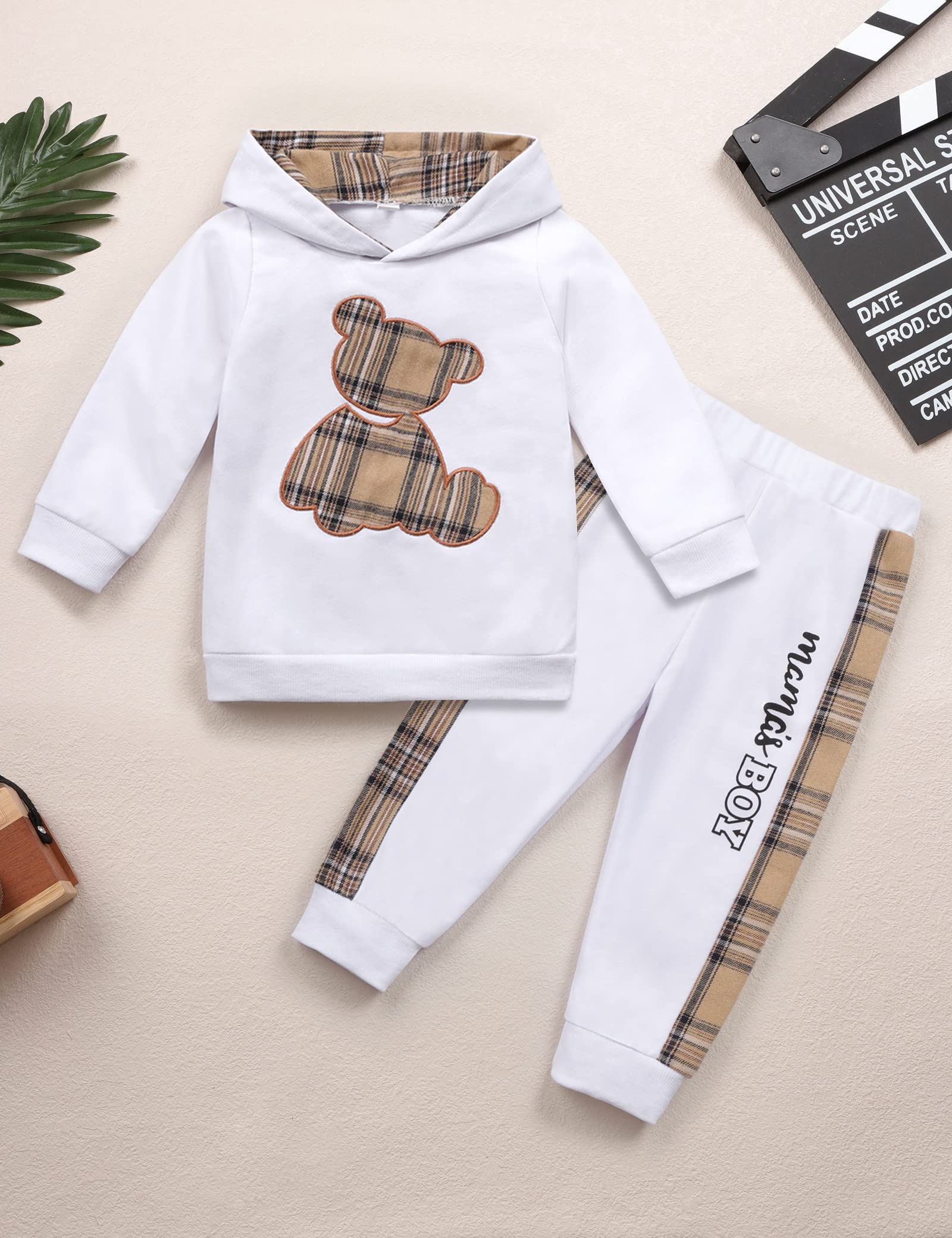 Yoxindax Toddler Baby Boy Clothes Outfits Plaid Bear Long Sleeve Hoodie Sweatshirt Patchwork Pants Fall Winter Clothes for Boys(4-5t)