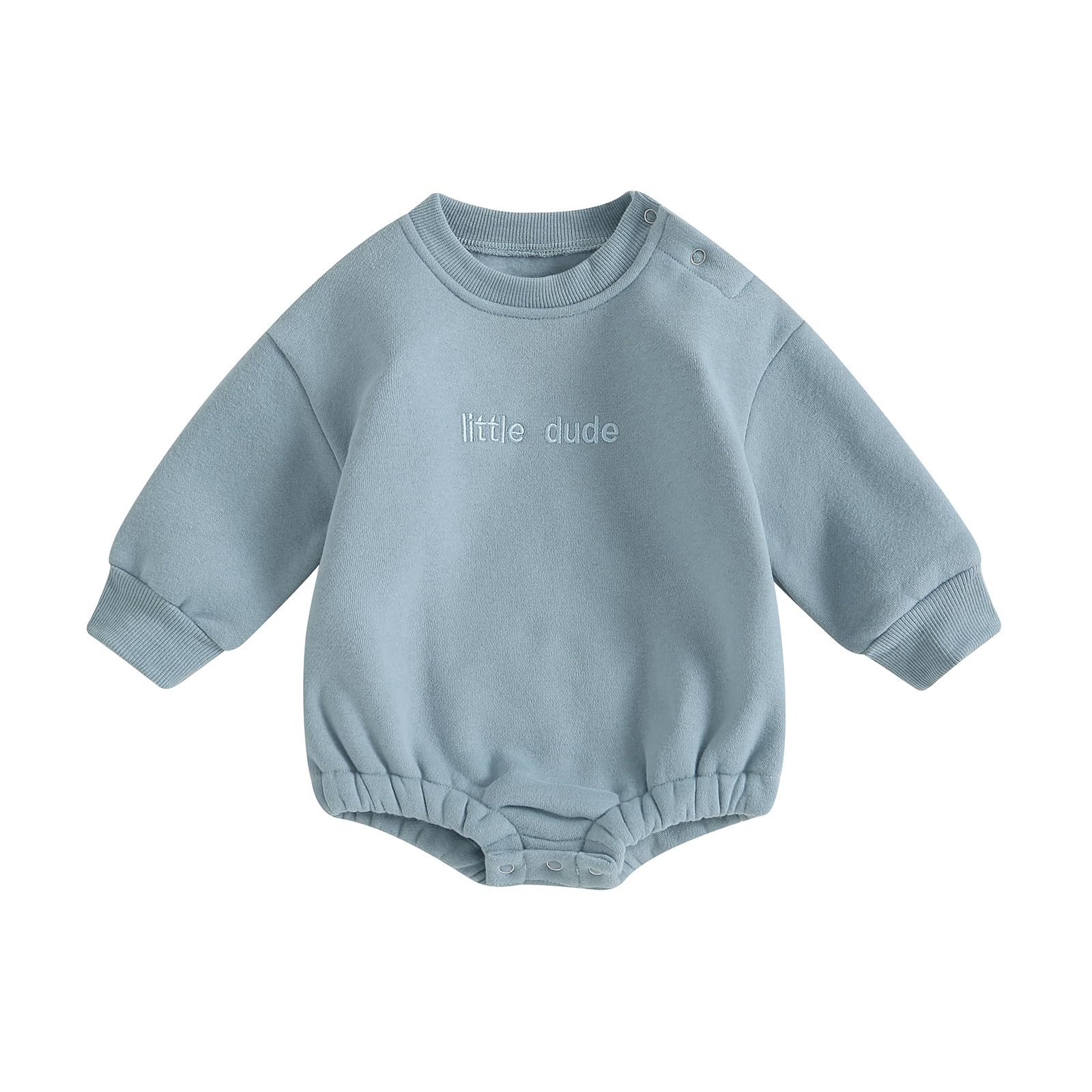 VISGOGO Baby Boy Oversized Sweatshirt Romper Solid Long Sleeve Little Dude Romper Sweater Onesie Top Fall Clothes (Blue, 0-3 Months)