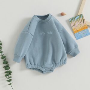 VISGOGO Baby Boy Oversized Sweatshirt Romper Solid Long Sleeve Little Dude Romper Sweater Onesie Top Fall Clothes (Blue, 0-3 Months)