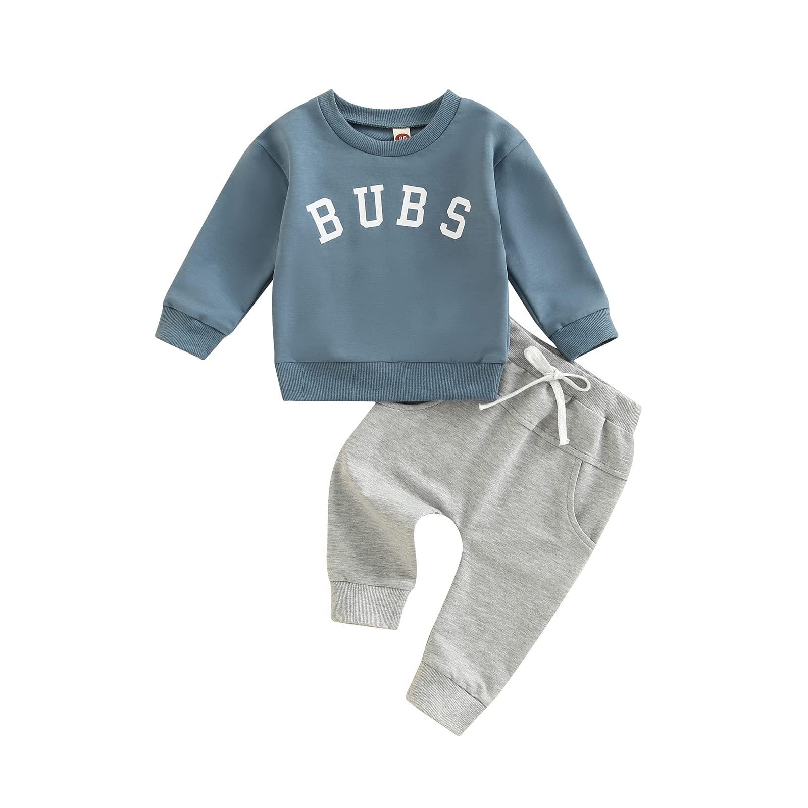 Baby Boy Clothes Outfits 2pcs Letter Print Crewneck Sweatshirt Pants Sweatsuit Little Boy Clothing(Bubs Blue, 6-12 Months)