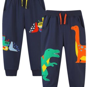 Bumeex Kids Little Toddler Boys Clothes Sweatpant Pants Cotton Jogger Sweat Pant Outfits Clothing Navy Dinosaur and Excavator 3t