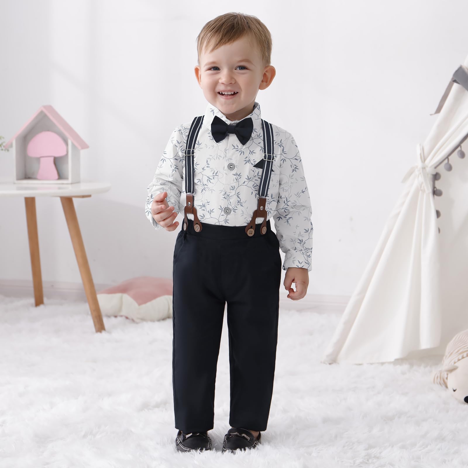 Toddler Wedding Outfit Boy Boys Suit Set Toddler Suits Formal Dress Shirt/Bowtie/Suspender Pants 2-3T