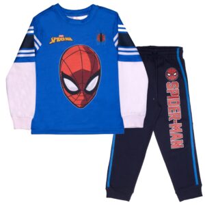 marvel superheroes avengers and spider-man 2-piece set, boys long sleeve active mesh t-shirt & pants 2-pack bundle set (size 5/6, royal)