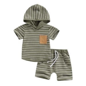 TheFound Cute Newborn Baby Boy Clothes Short Sleeve Hooded Tops with Pocket Drawstring Short Casual Summer Outfits (Army Green, 12-18 Months)