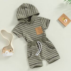 TheFound Cute Newborn Baby Boy Clothes Short Sleeve Hooded Tops with Pocket Drawstring Short Casual Summer Outfits (Army Green, 12-18 Months)