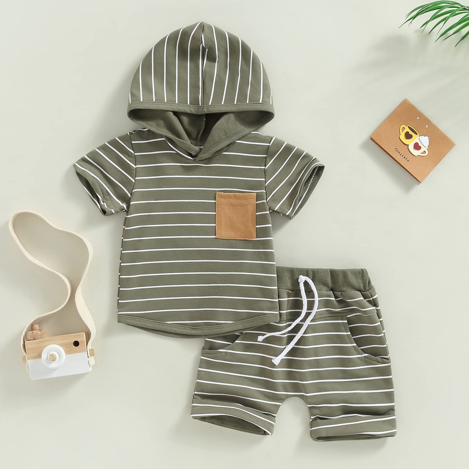 TheFound Cute Newborn Baby Boy Clothes Short Sleeve Hooded Tops with Pocket Drawstring Short Casual Summer Outfits (Army Green, 12-18 Months)