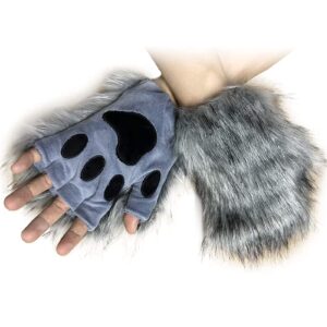 HAOAN Wolf Fox Tail Clip Ears and Gloves Set Halloween Christmas Fancy Party Costume Toys Gift for Women and Man Gray