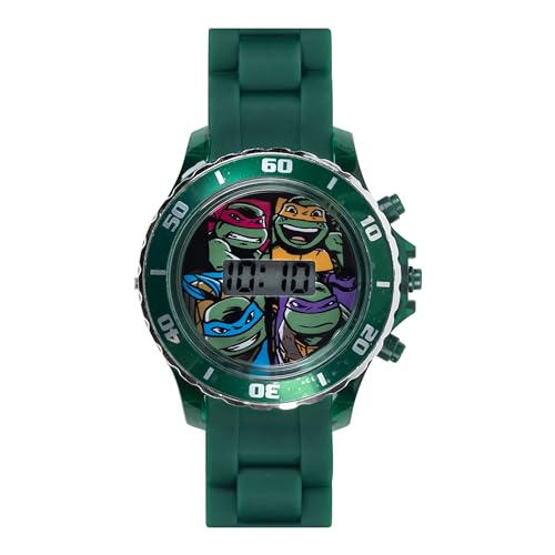 Ninja Turtles Kids' Digital Watch with Green Bezel, LED Lights, Green Strap - With Ninja Turtles on Dial, Safe for Children