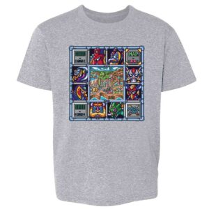 pop threads mega man x stage select megaman video gaming youth kids girl boy t-shirt sport grey xs